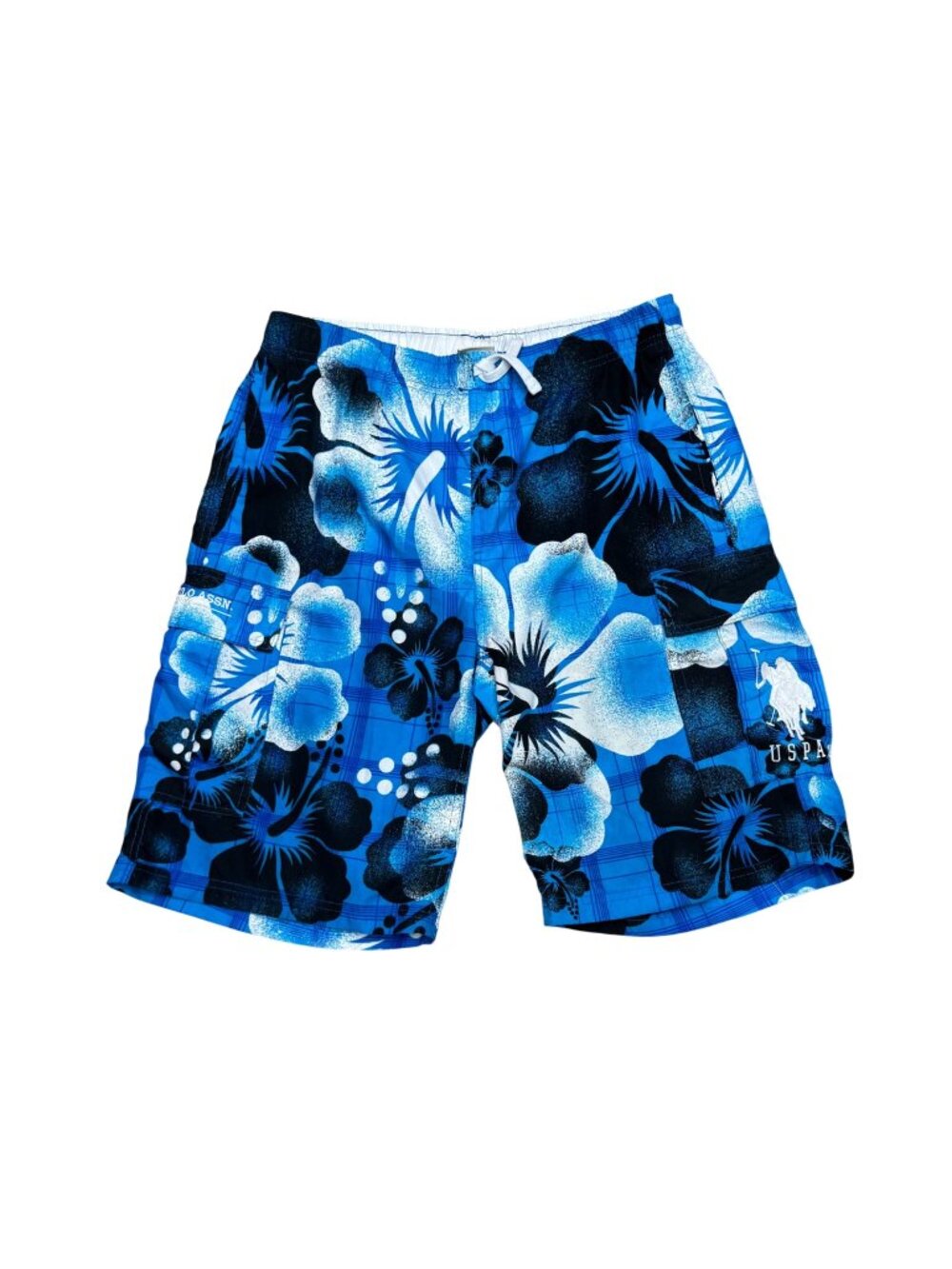 U.S. Polo Assn. Mens Blue Floral Swim Trunks Medium Hawaiian Print Stretch Waist